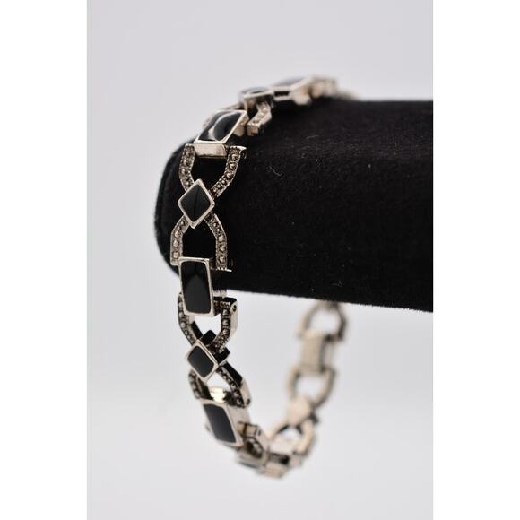 Vintage Chain Bracelet Black Enamel Gunmetal Linked Heavy 1990s Bin5 - Picture 2 of 12